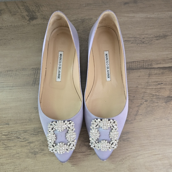 Manolo Blahnik Hangisi Flat Light Purple Satin Size 37 - Picture 2 of 16